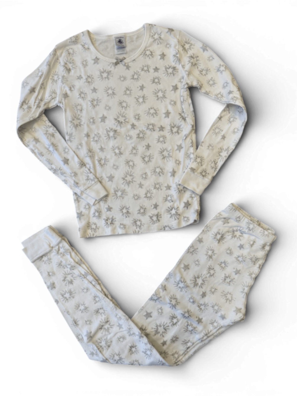 Pyjama Creme mit silbernen Stern- und Feuerwerksmustern Gr.152 | Petit Bateau
