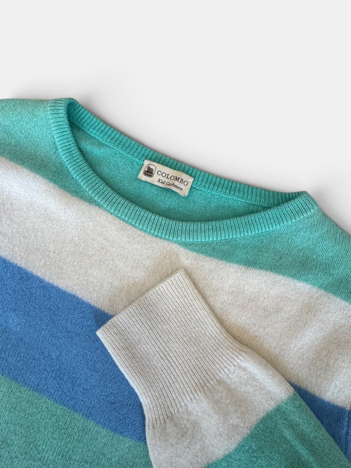 Bunt gestreifter Kaschmir Pullover Türkis, Blau, Weiß Gr.164 | Colombo