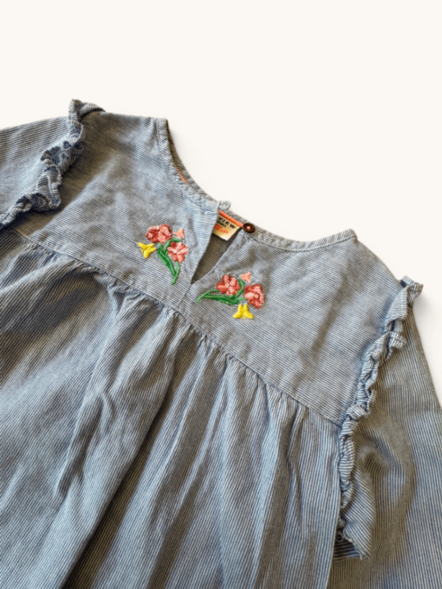 Mädchen Langarmbluse Gestreift – Blau-weiße Tunika mit Rüschen & Neon-Stickerei Gr.128 | Review