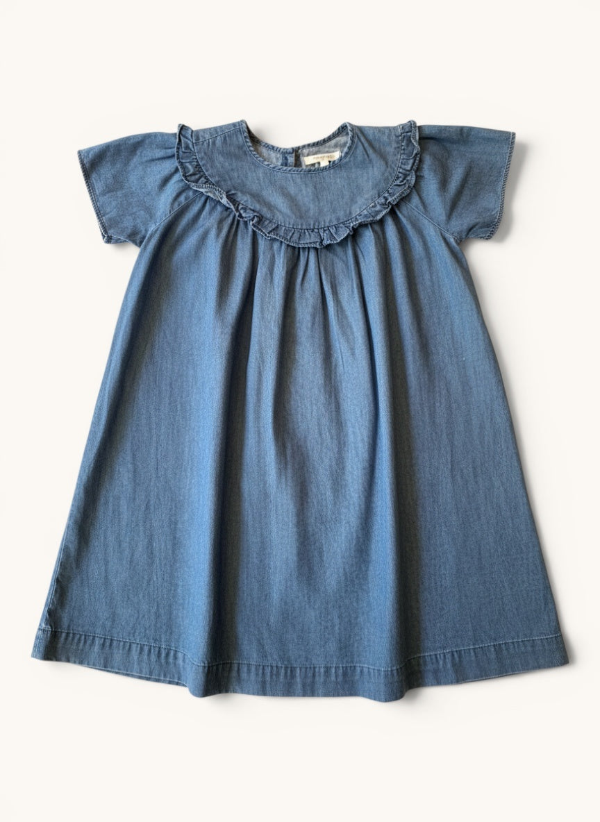 Mädchen Kleid Jeans-Optik – Blaues Kleid mit Rüschen-Rundkragen Gr.128 |