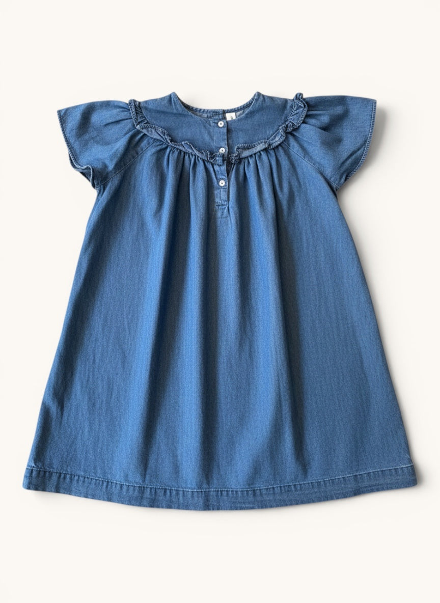 Mädchen Kleid Jeans-Optik – Blaues Kleid mit Rüschen-Rundkragen Gr.128 |
