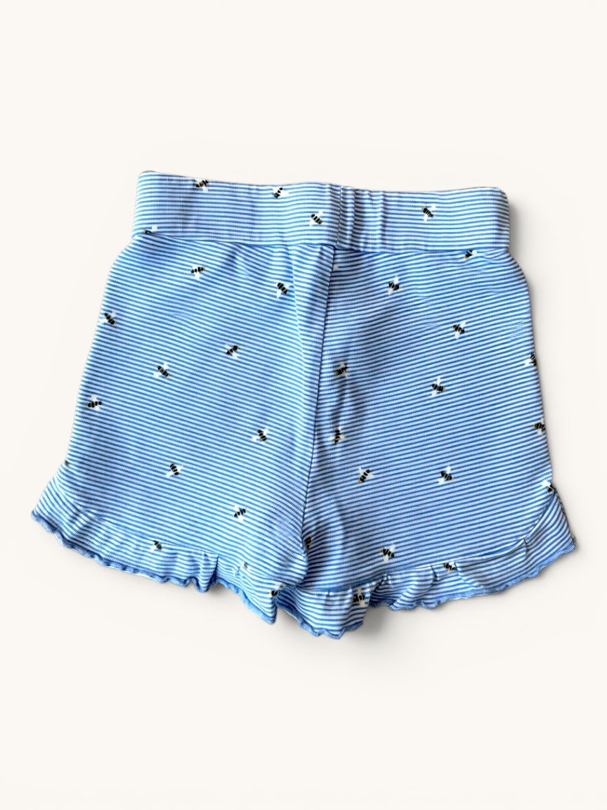 Mädchen Jersey Shorts Gestreift – Hellblaue Sommershorts mit Bienen-Print & Wellensaum Gr.6Y / 116 cm | Joules