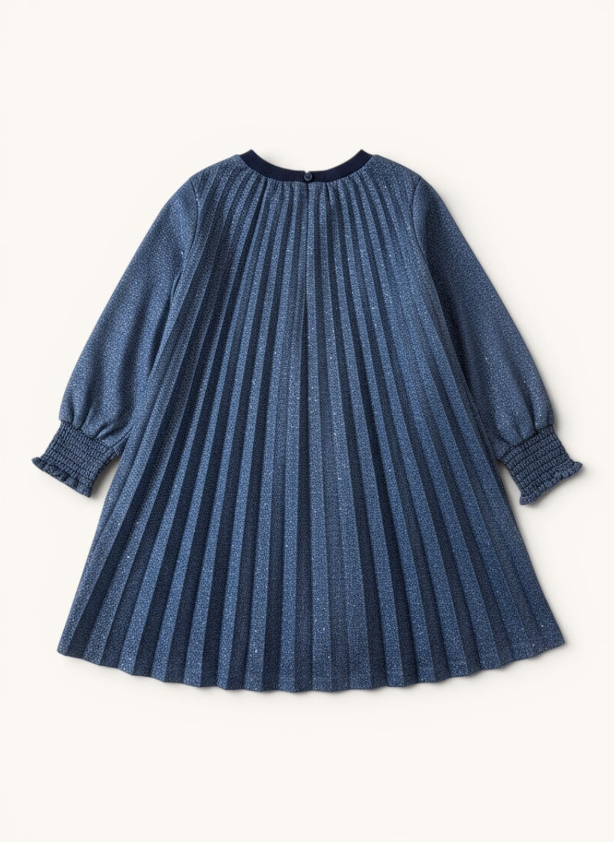 Mädchen Plissee Kleid Dunkelblau – Glitzer-Festkleid mit Stehkragen & Smok-Bündchen Gr.116 | Billieblush