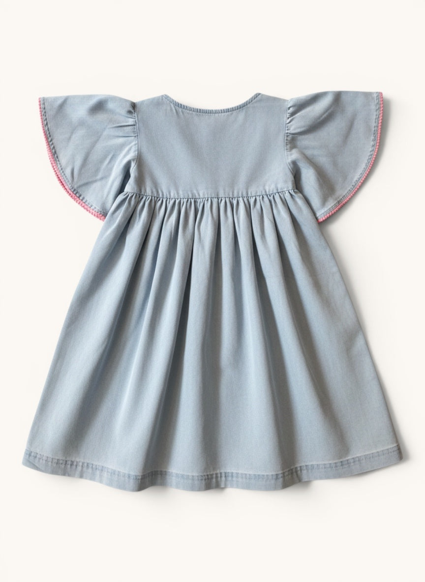 Chambray Sommerkleid – Leichtes Kleid mit Blumenstickerei & Quasten Gr.128 | MINOTI