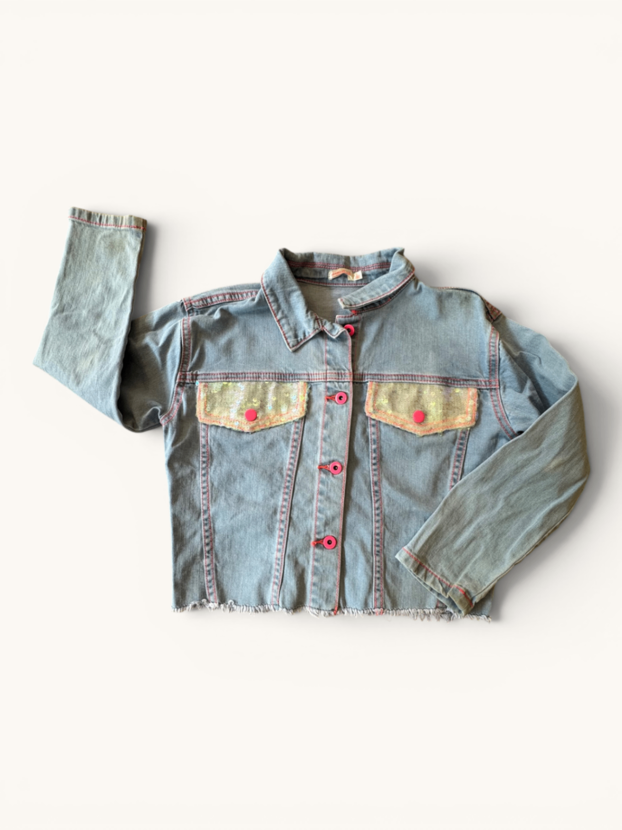 Mädchen Jeansjacke Hellblau mit Wendepailletten-Taschen & Neon-Knöpfen Gr.128 | Billieblush