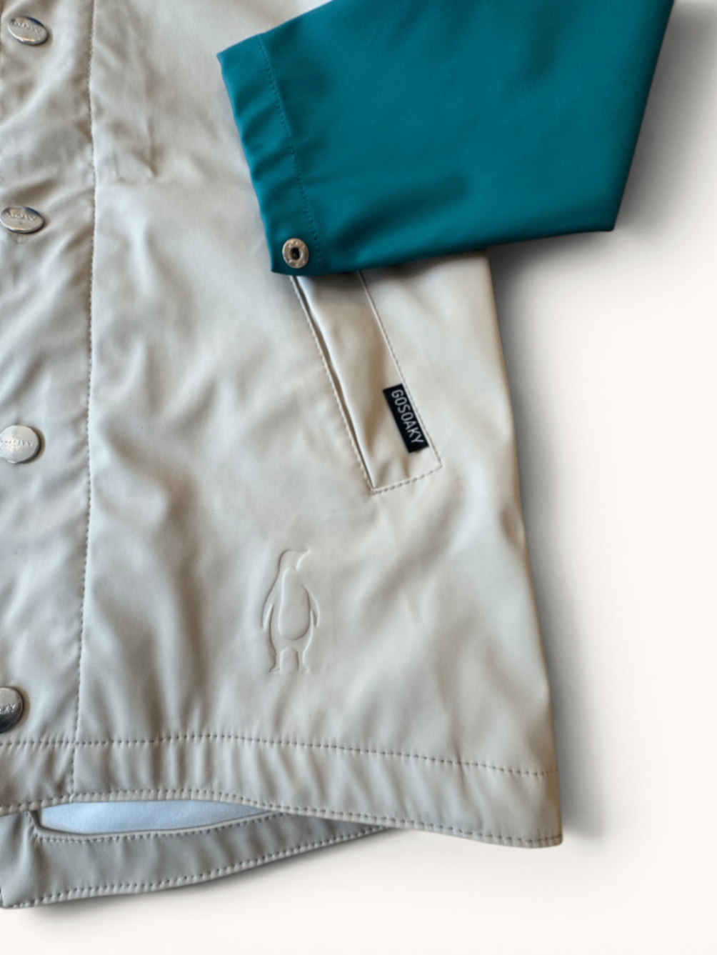 Kinder Regenjacke Colorblocking – Wasserdichter Regenparka in Beige/Blau/Petrol Gr.122/128 | GOSOAKY