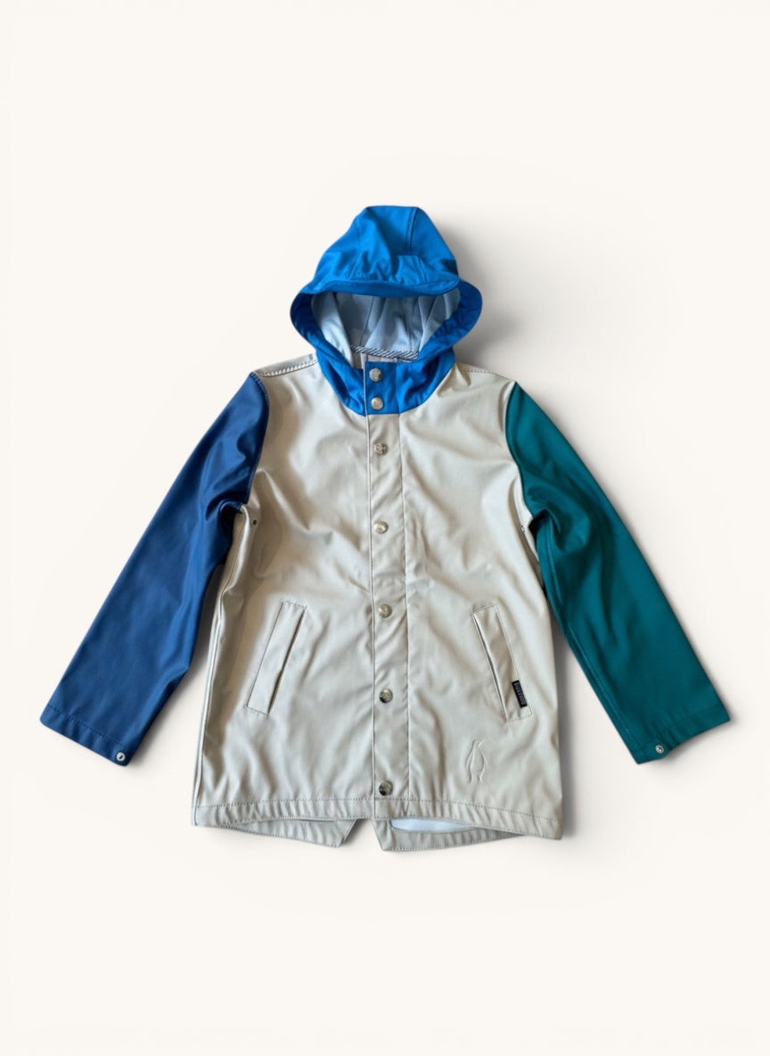 Kinder Regenjacke Colorblocking – Wasserdichter Regenparka in Beige/Blau/Petrol Gr.122/128 | GOSOAKY