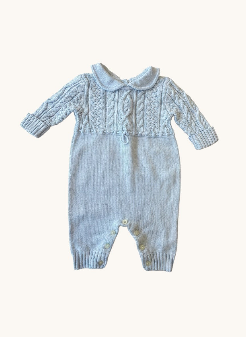Baby Strickoverall Hellblau – Luxuriöser Strampler mit Zopfmuster & Peter-Pan-Kragen Gr.68 | Polo Ralph Lauren