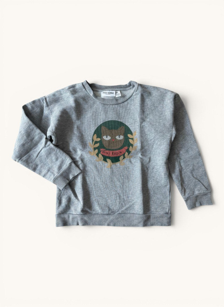 Graues Sweatshirt mit Katzen-Logo Gr.128/134 | Mini Rodini