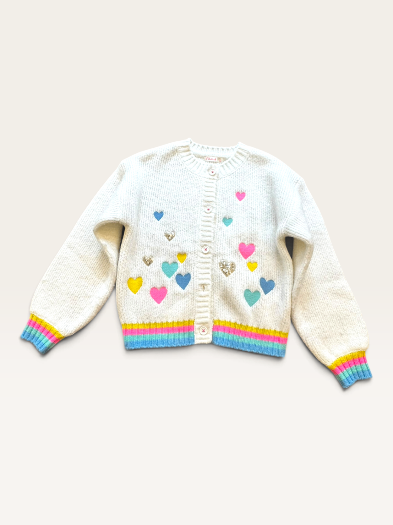 Strickjacke mit bunten Herzen & Regenbogen-Bündchen Off-White (Gr.122/128) | Billieblush