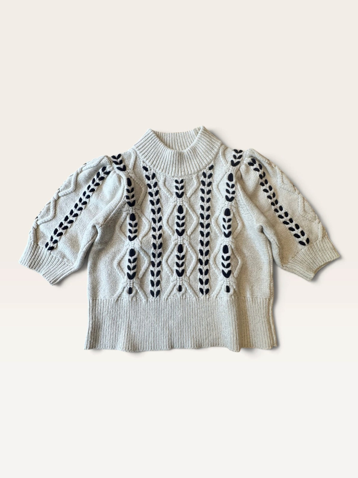 Rails Strickpullover Kurzarm Beige mit Zopfmuster & Stickerei – Gr. S Gr.164 / S | Rails