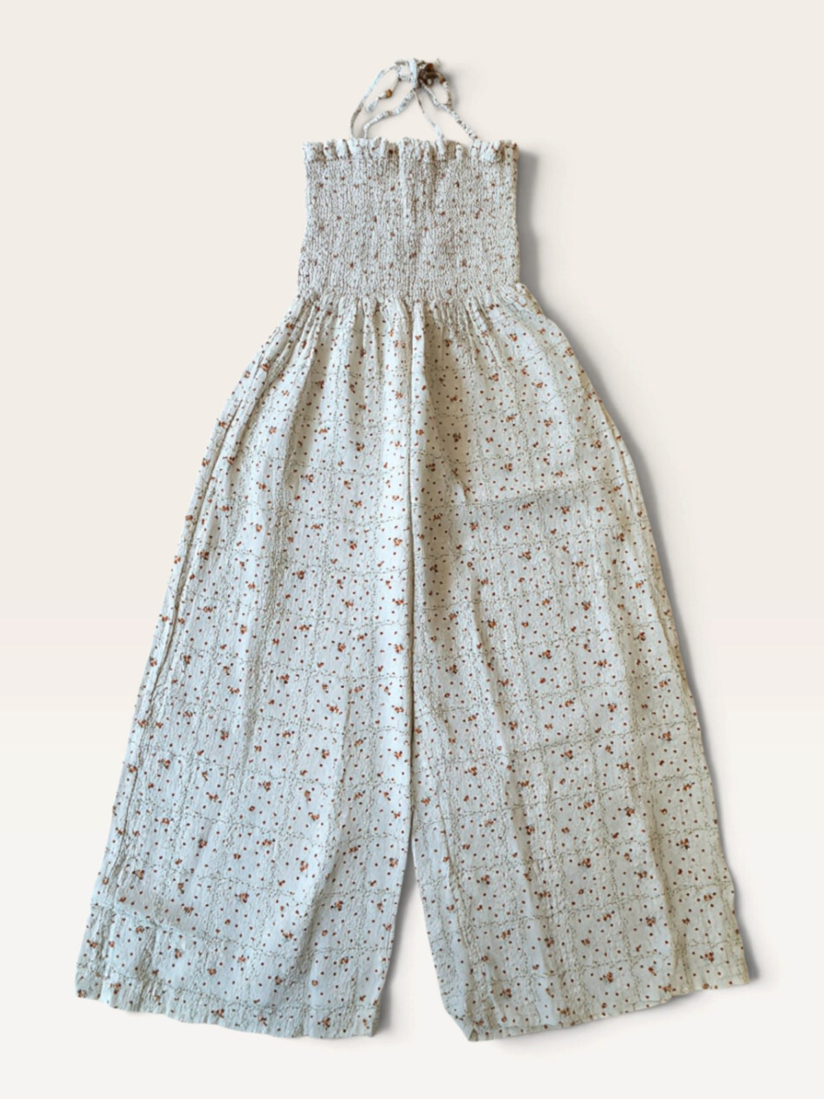 Boho-Jumpsuit Naturweiß mit floralem Print & Smok-Details Gr.128 | Buho