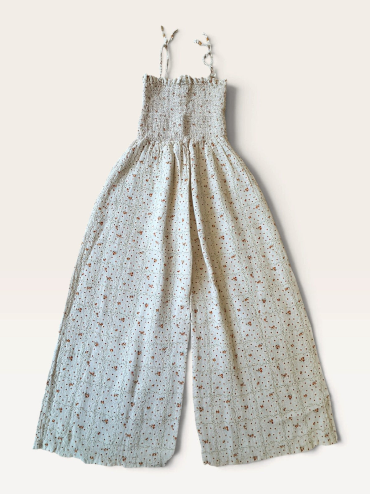 Boho-Jumpsuit Naturweiß mit floralem Print & Smok-Details Gr.128 | Buho