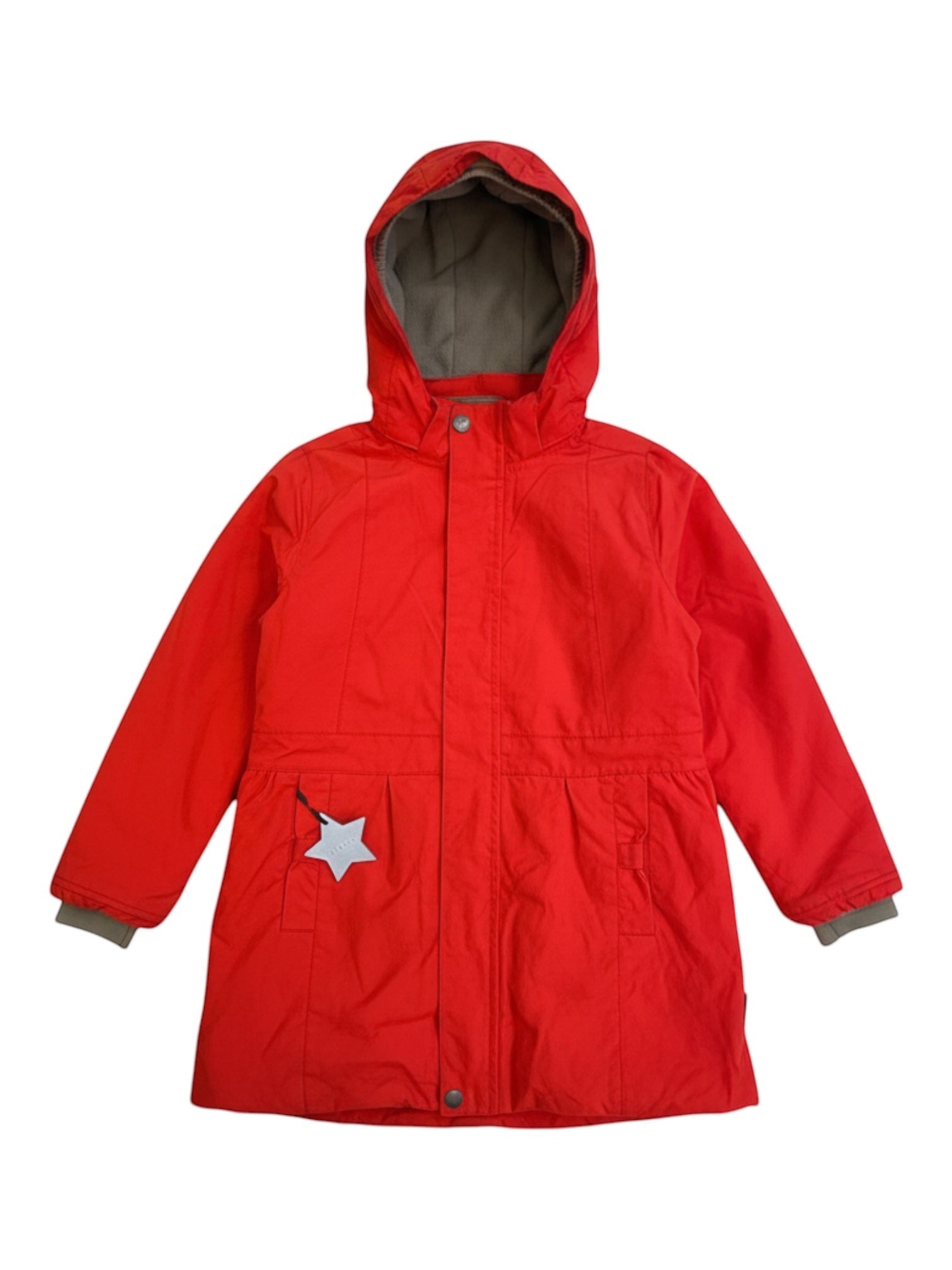 Jungs & Deerns red parka jacket with grey fleece lining, hood, and star detail. Size 128.